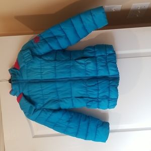 Girl's teal hooded  puffer ski jacket with pink fuzzy lining